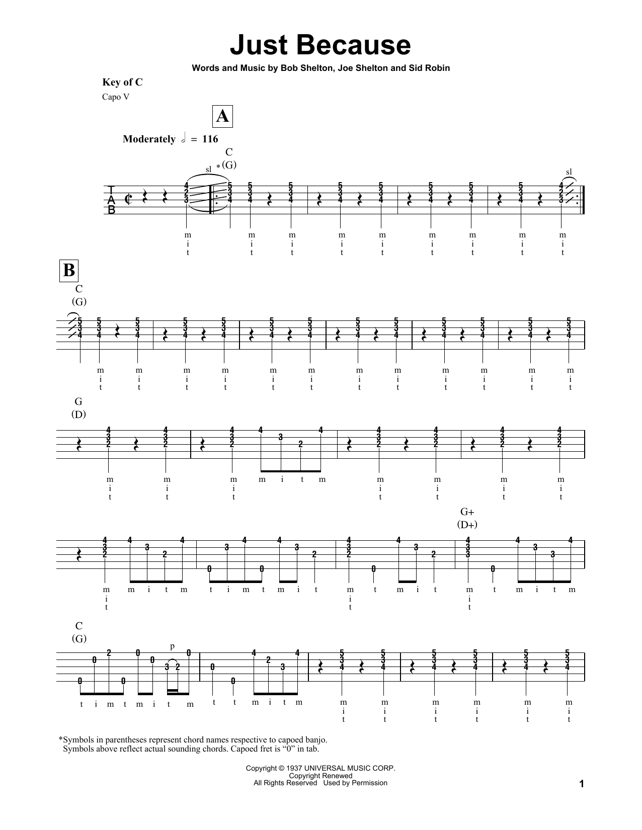 Download Bob Shelton Just Because Sheet Music and learn how to play Banjo PDF digital score in minutes