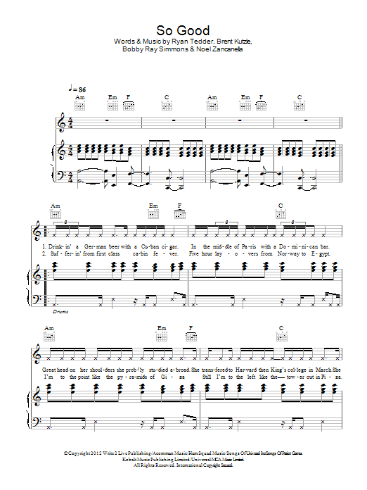 Download B.o.B So Good Sheet Music and learn how to play Piano, Vocal & Guitar (Right-Hand Melody) PDF digital score in minutes