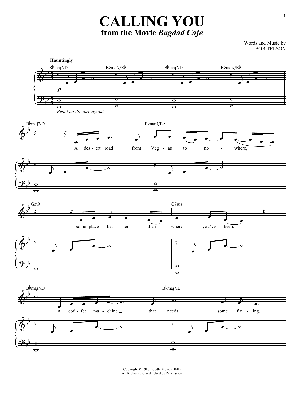 Download Bob Telson Calling You (from Bagdad Cafe) Sheet Music and learn how to play Piano & Vocal PDF digital score in minutes