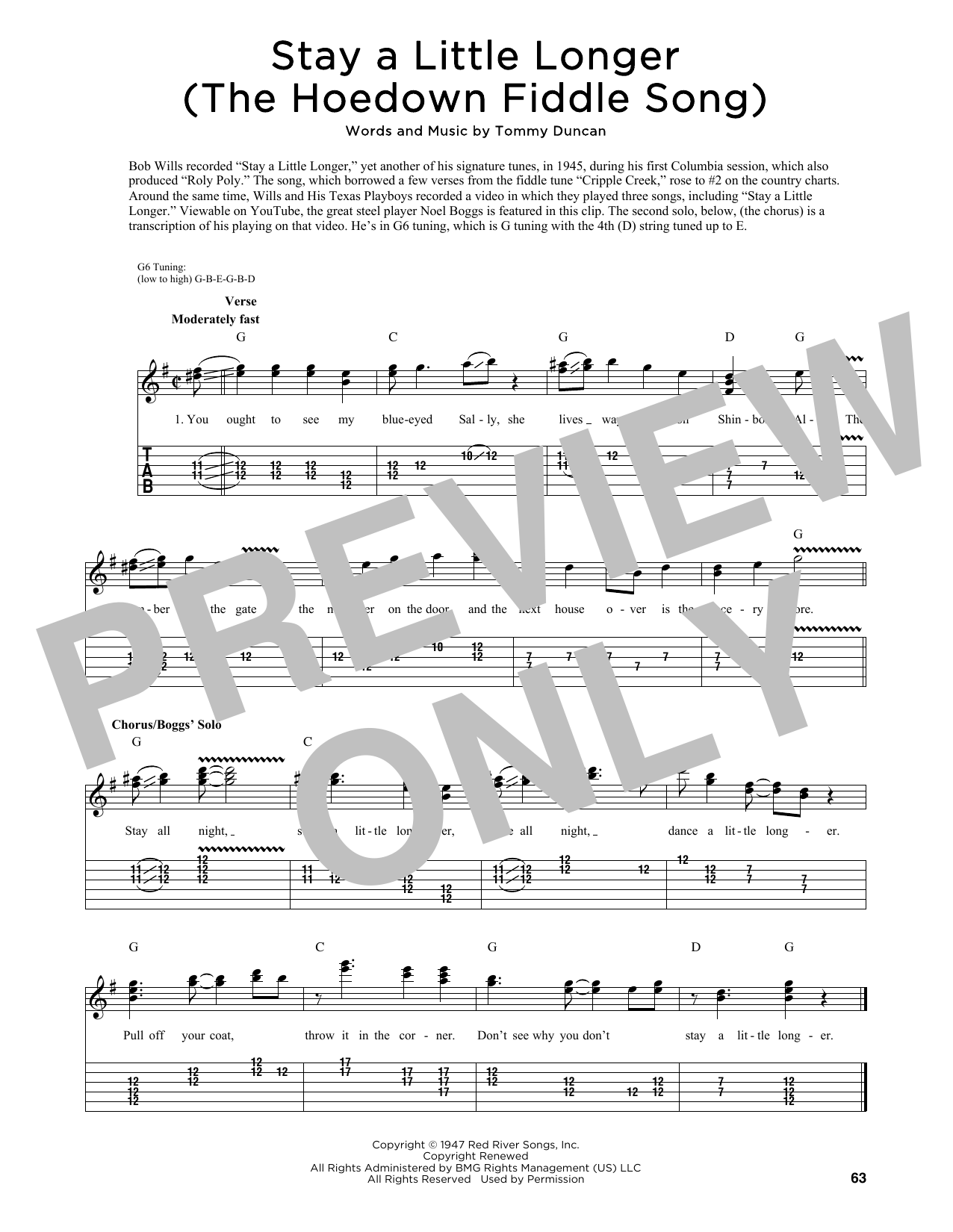 Download Bob Wills Stay A Little Longer (The Hoedown Fiddle Song) (arr. Fred Sokolow) Sheet Music and learn how to play Guitar Tab PDF digital score in minutes