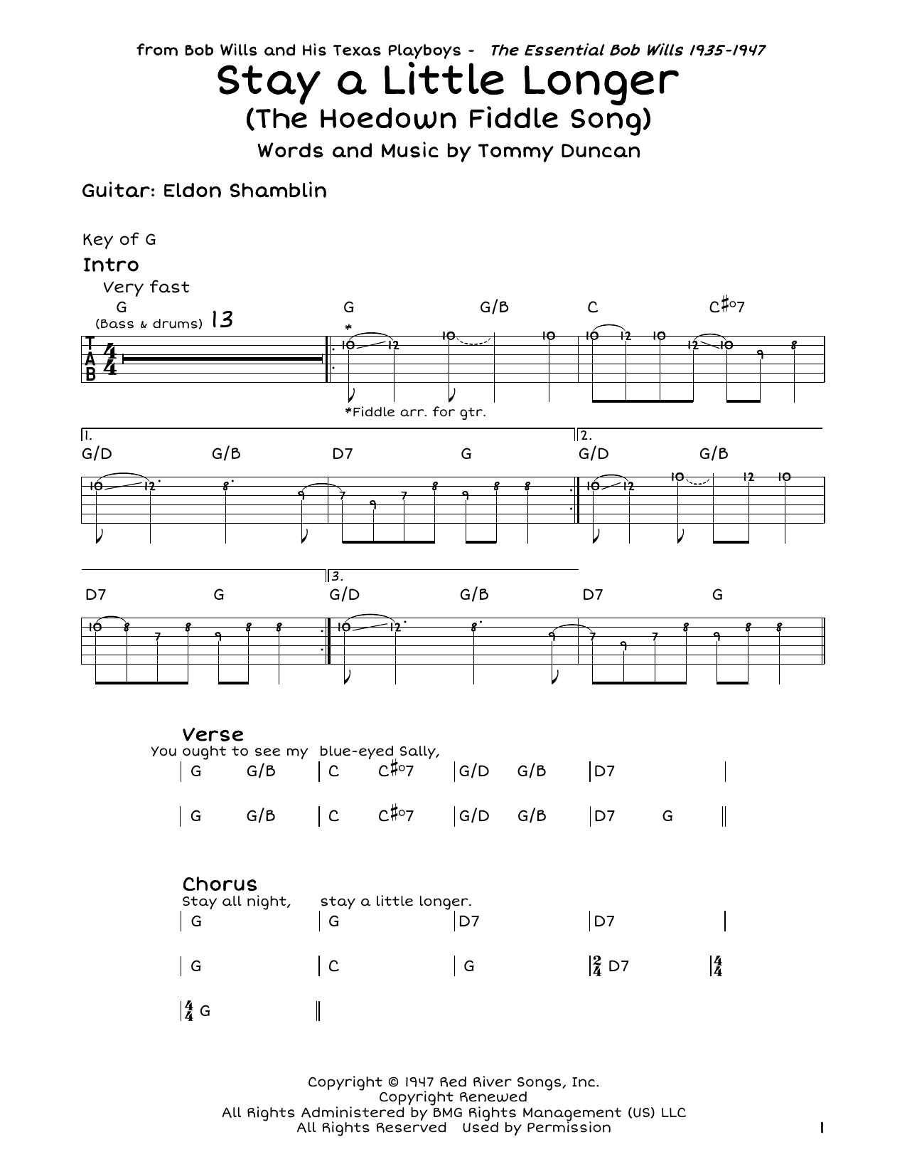 Download Bob Wills Stay A Little Longer (The Hoedown Fiddle Song) Sheet Music and learn how to play Guitar Tab PDF digital score in minutes