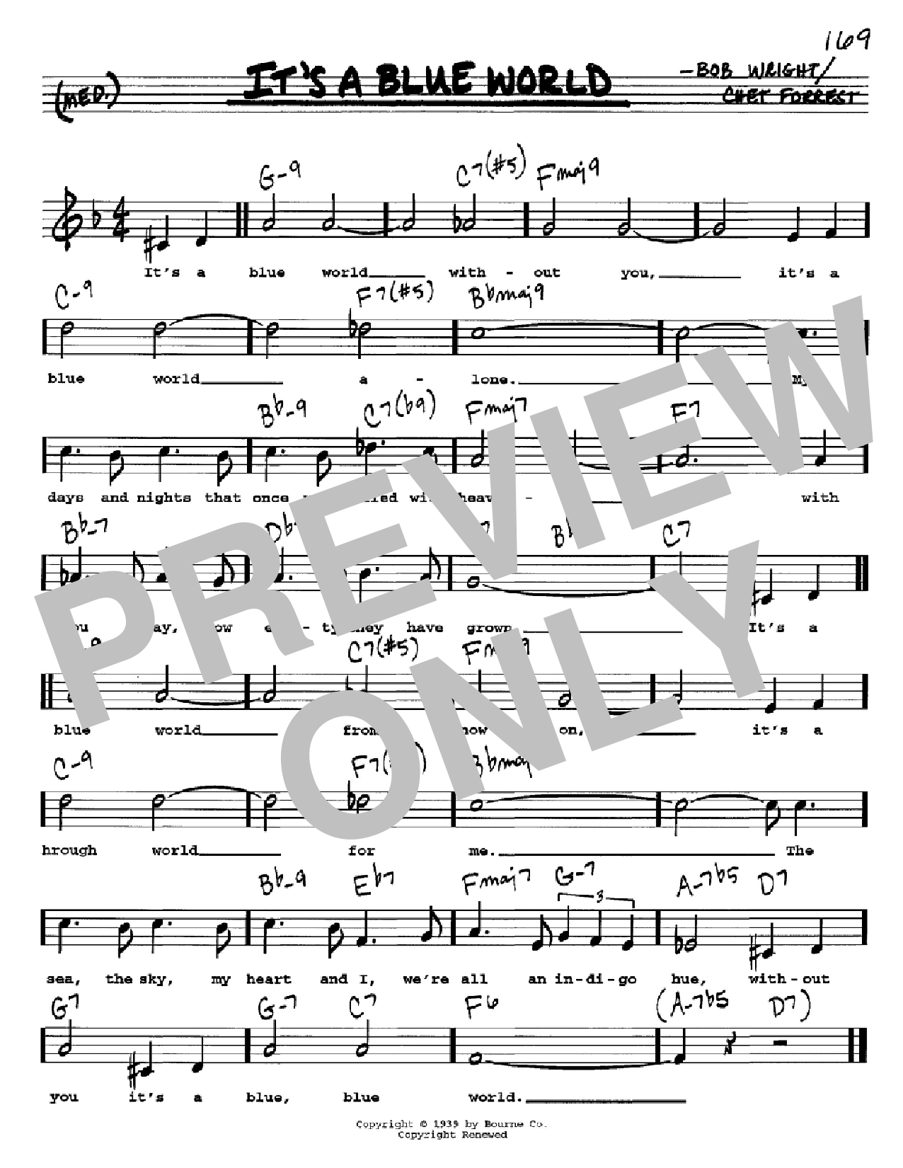 Download Bob Wright It's A Blue World Sheet Music and learn how to play Real Book - Melody, Lyrics & Chords - C Instruments PDF digital score in minutes