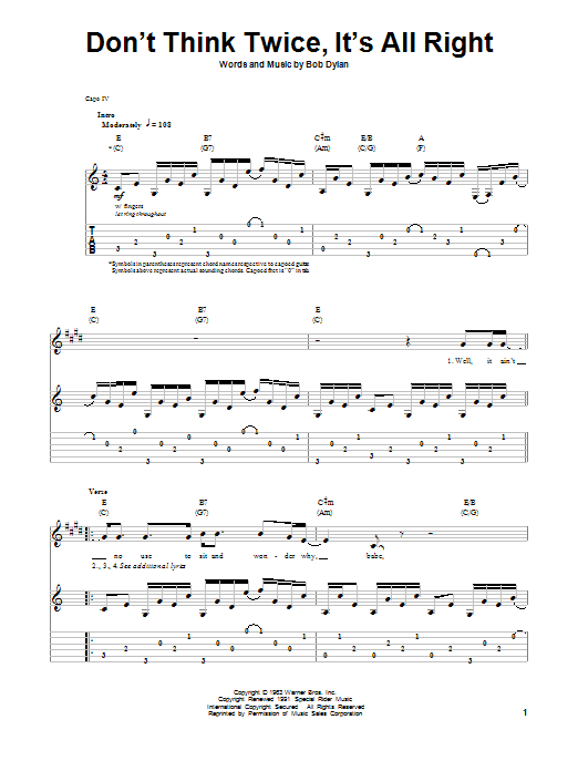 Bob Dylan Don T Think Twice It S All Right Sheet Music Notes Download Printable Pdf Score