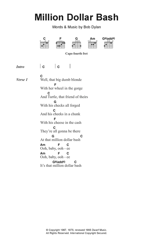 Bob Dylan Million Dollar Bash Sheet Music Notes Download Printable Pdf Score