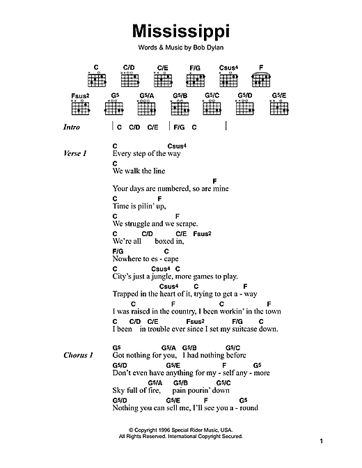 Bob Dylan Mississippi Sheet Music Notes Download Printable PDF 