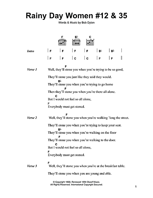 Download Bob Dylan Rainy Day Women #12 & 35 Sheet Music and learn how to play Lyrics & Chords PDF digital score in minutes