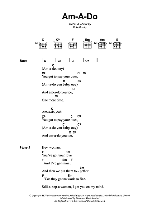Download Bob Marley Am-A-Do Sheet Music and learn how to play Lyrics & Chords PDF digital score in minutes