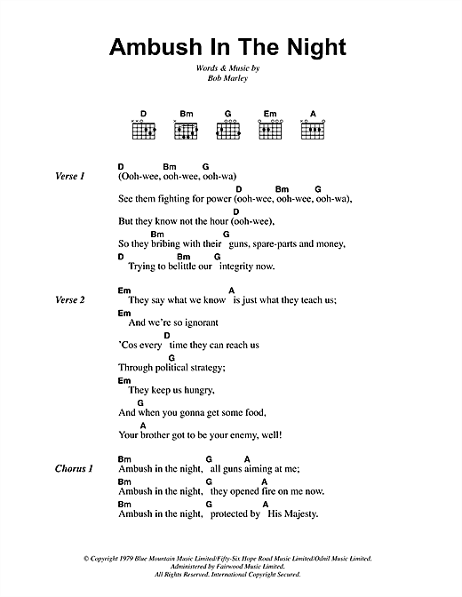 Download Bob Marley Ambush In The Night Sheet Music and learn how to play Lyrics & Chords PDF digital score in minutes