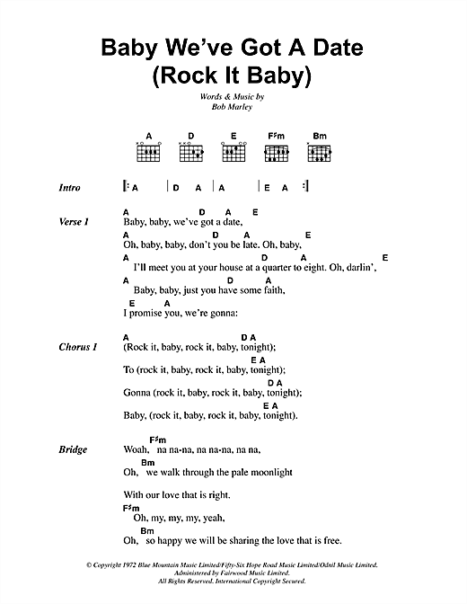Download Bob Marley Baby We've Got A Date (Rock It Baby) Sheet Music and learn how to play Lyrics & Chords PDF digital score in minutes