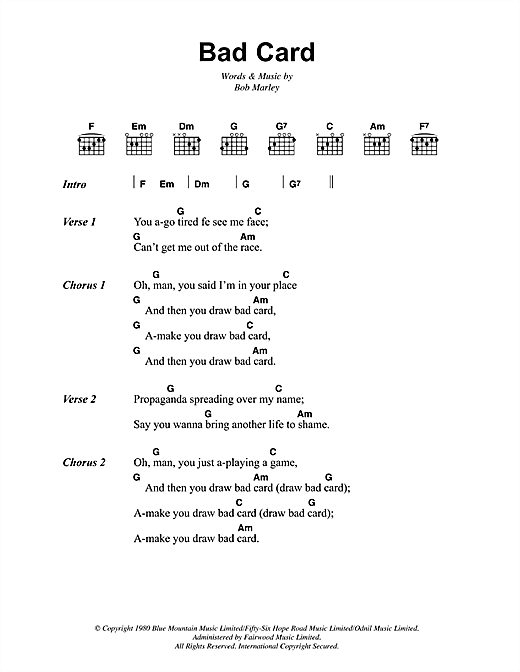 Download Bob Marley Bad Card Sheet Music and learn how to play Lyrics & Chords PDF digital score in minutes