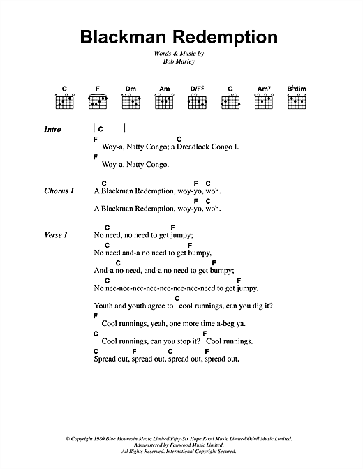 Download Bob Marley Blackman Redemption Sheet Music and learn how to play Lyrics & Chords PDF digital score in minutes