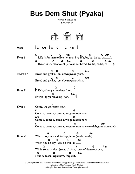 Download Bob Marley Bus Dem Shut (Pyaka) Sheet Music and learn how to play Lyrics & Chords PDF digital score in minutes