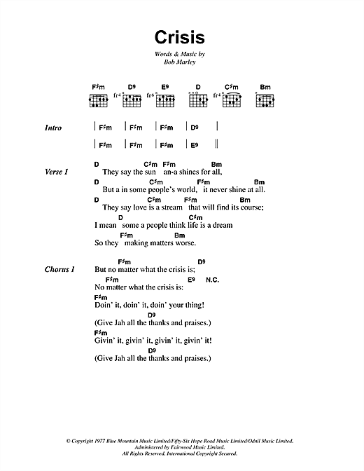 Download Bob Marley Crisis Sheet Music and learn how to play Lyrics & Chords PDF digital score in minutes