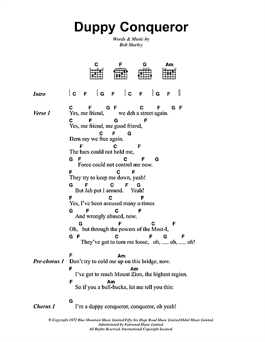 Download Bob Marley Duppy Conqueror Sheet Music and learn how to play Lyrics & Chords PDF digital score in minutes