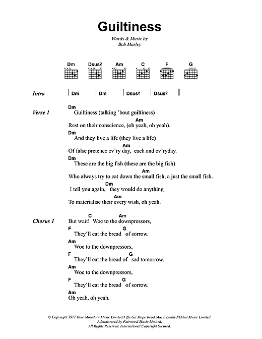 Download Bob Marley Guiltiness Sheet Music and learn how to play Lyrics & Chords PDF digital score in minutes