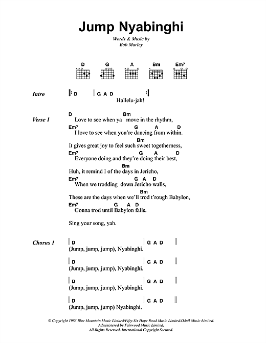 Download Bob Marley Jump Nyabinghi Sheet Music and learn how to play Lyrics & Chords PDF digital score in minutes