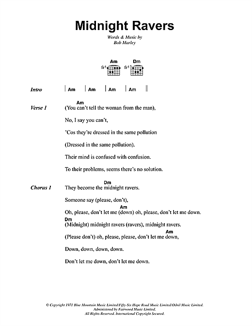 Download Bob Marley Midnight Ravers Sheet Music and learn how to play Lyrics & Chords PDF digital score in minutes