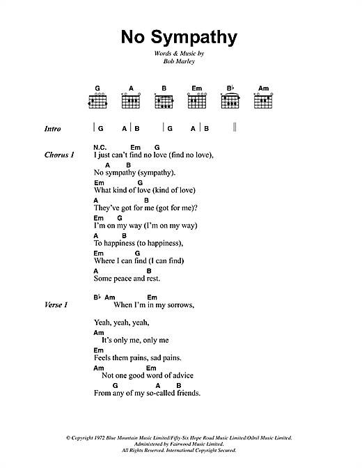 Download Bob Marley No Sympathy Sheet Music and learn how to play Lyrics & Chords PDF digital score in minutes