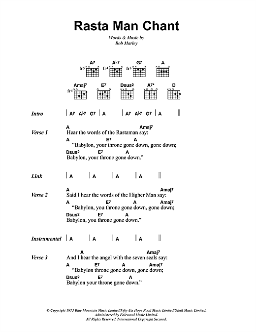 Download Bob Marley Rasta Man Chant Sheet Music and learn how to play Lyrics & Chords PDF digital score in minutes