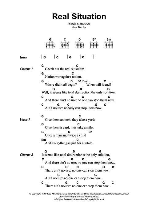 Download Bob Marley Real Situation Sheet Music and learn how to play Lyrics & Chords PDF digital score in minutes