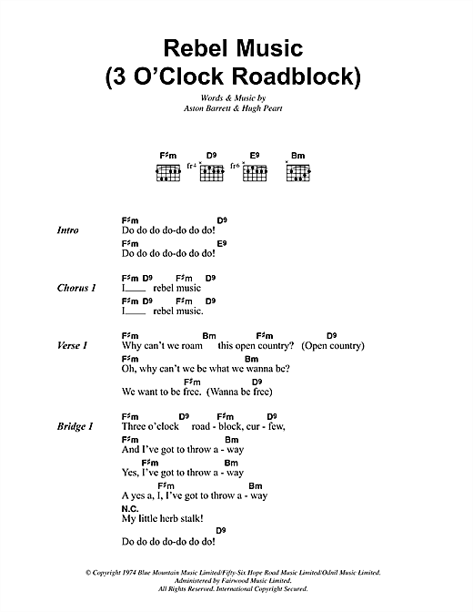 Download Bob Marley Rebel Music (3 O'Clock Roadblock) Sheet Music and learn how to play Lyrics & Chords PDF digital score in minutes