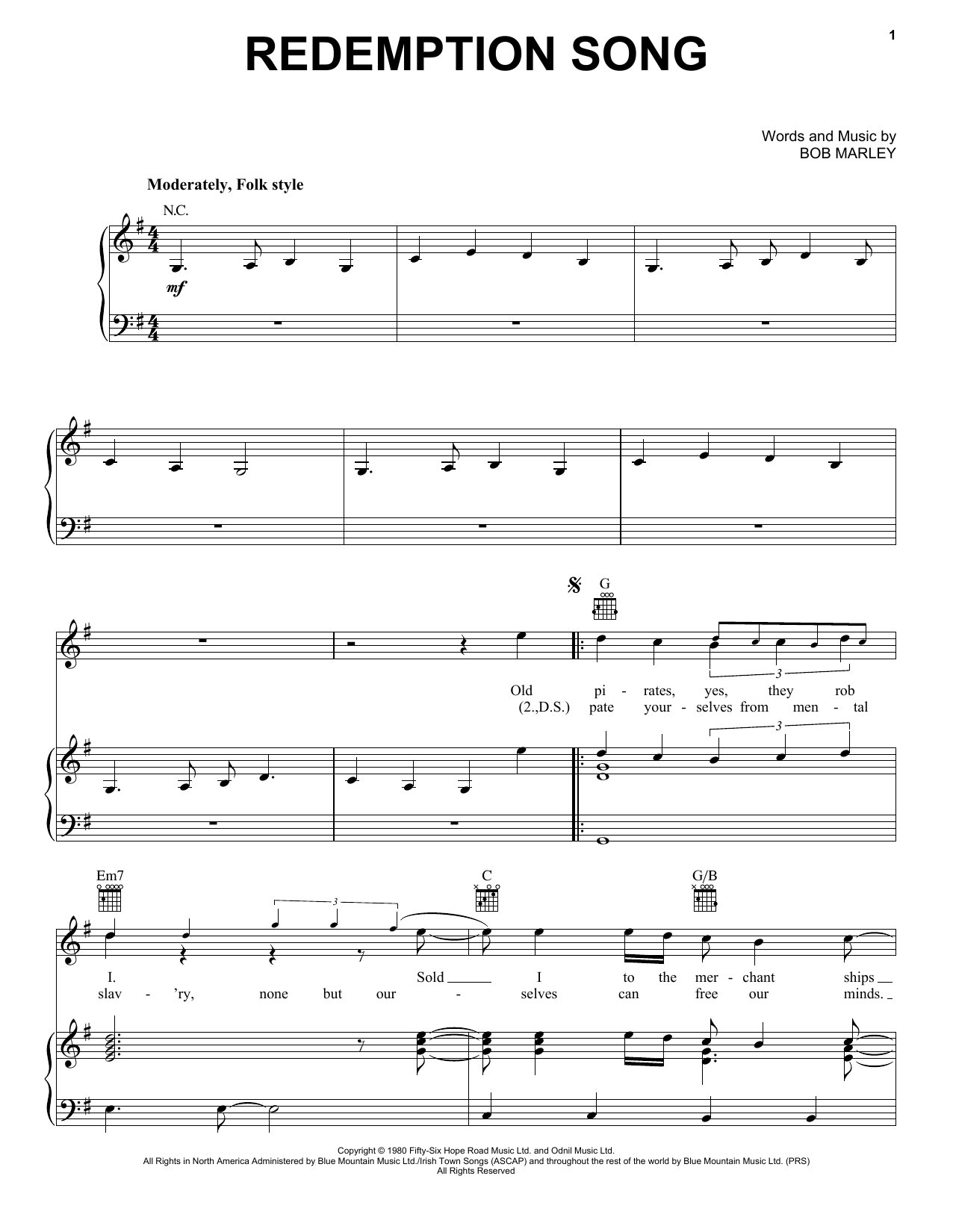 Bob Marley Redemption Song Sheet Music Notes Chords Guitar Tab Download Country Pdf