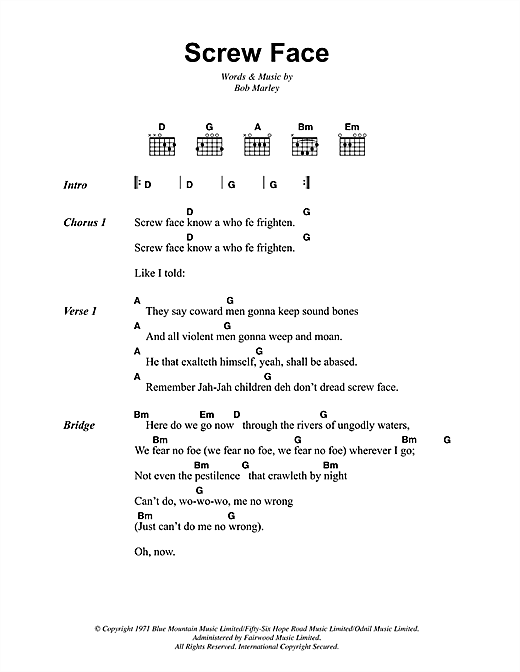Download Bob Marley Screw Face Sheet Music and learn how to play Lyrics & Chords PDF digital score in minutes