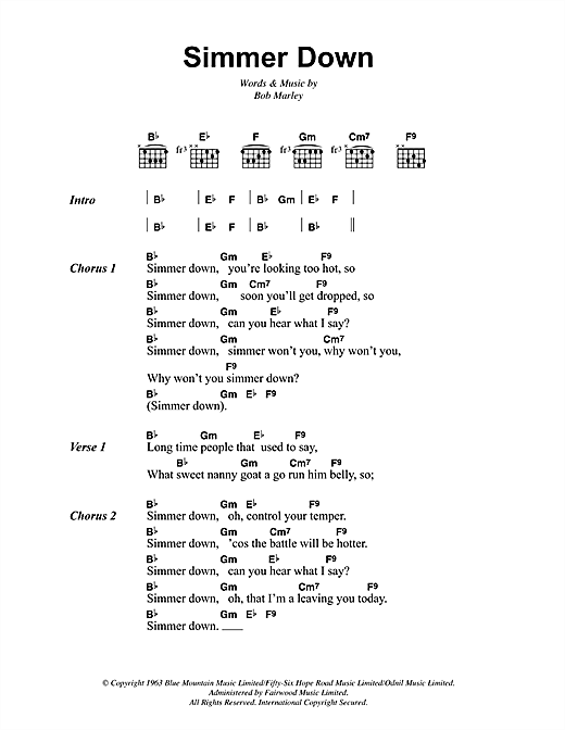 Download Bob Marley Simmer Down Sheet Music and learn how to play Lyrics & Chords PDF digital score in minutes