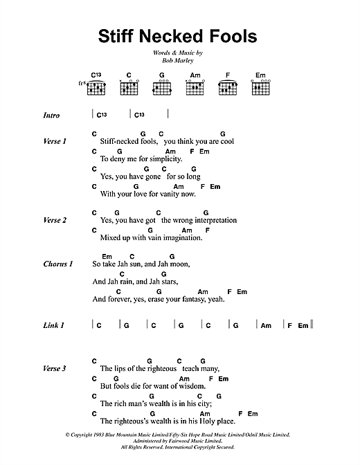 Download Bob Marley Stiff Necked Fools Sheet Music and learn how to play Lyrics & Chords PDF digital score in minutes