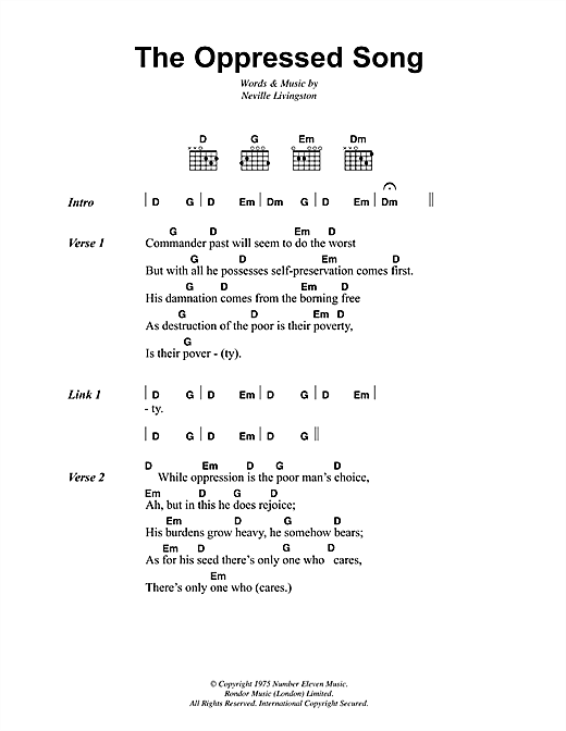 Download Bob Marley The Oppressed Song Sheet Music and learn how to play Lyrics & Chords PDF digital score in minutes