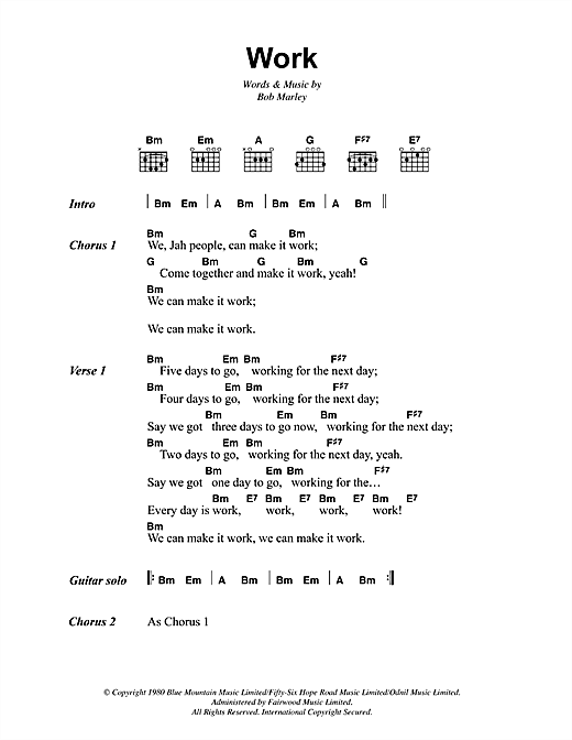Download Bob Marley Work Sheet Music and learn how to play Lyrics & Chords PDF digital score in minutes