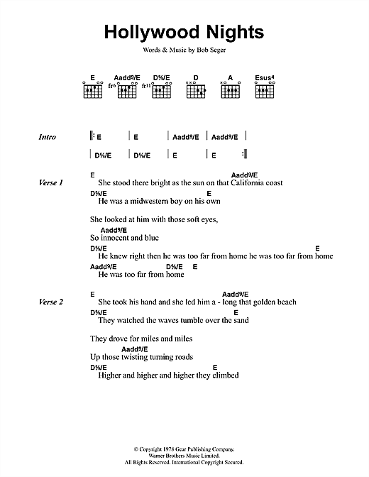 Download Bob Seger And The Silver Bullet Band Hollywood Nights Sheet Music and learn how to play Lyrics & Chords PDF digital score in minutes