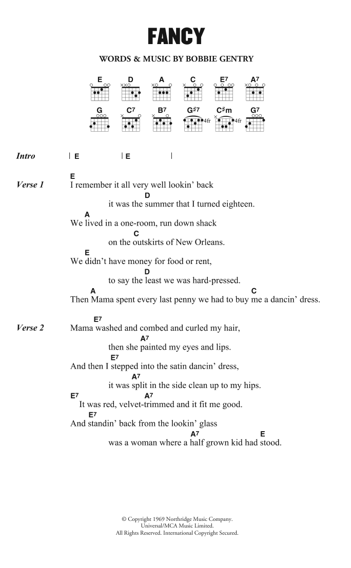 Download Bobbie Gentry Fancy Sheet Music and learn how to play Lyrics & Chords PDF digital score in minutes