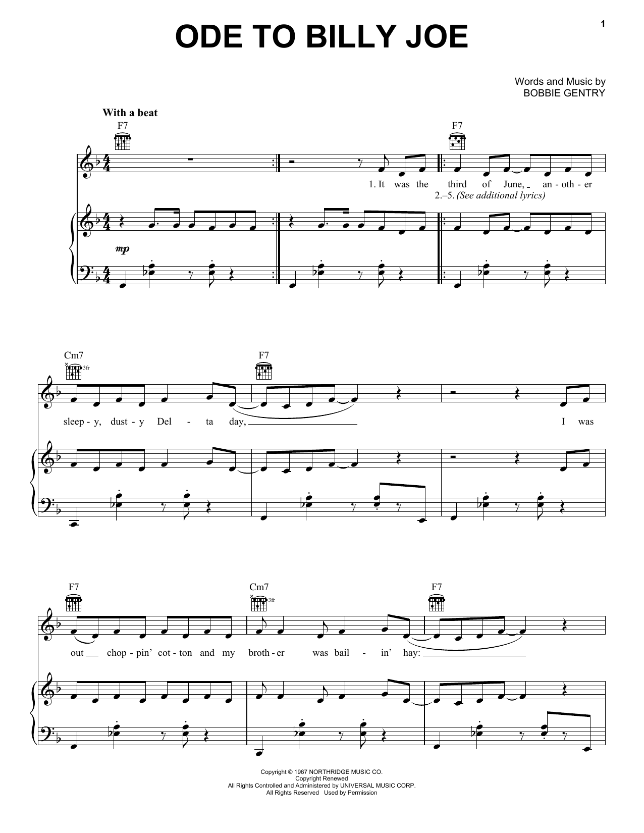 Download Bobbie Gentry Ode To Billy Joe Sheet Music and learn how to play Ukulele with strumming patterns PDF digital score in minutes