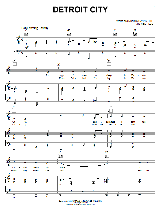 Download Bobby Bare Detroit City Sheet Music and learn how to play Lyrics & Piano Chords PDF digital score in minutes