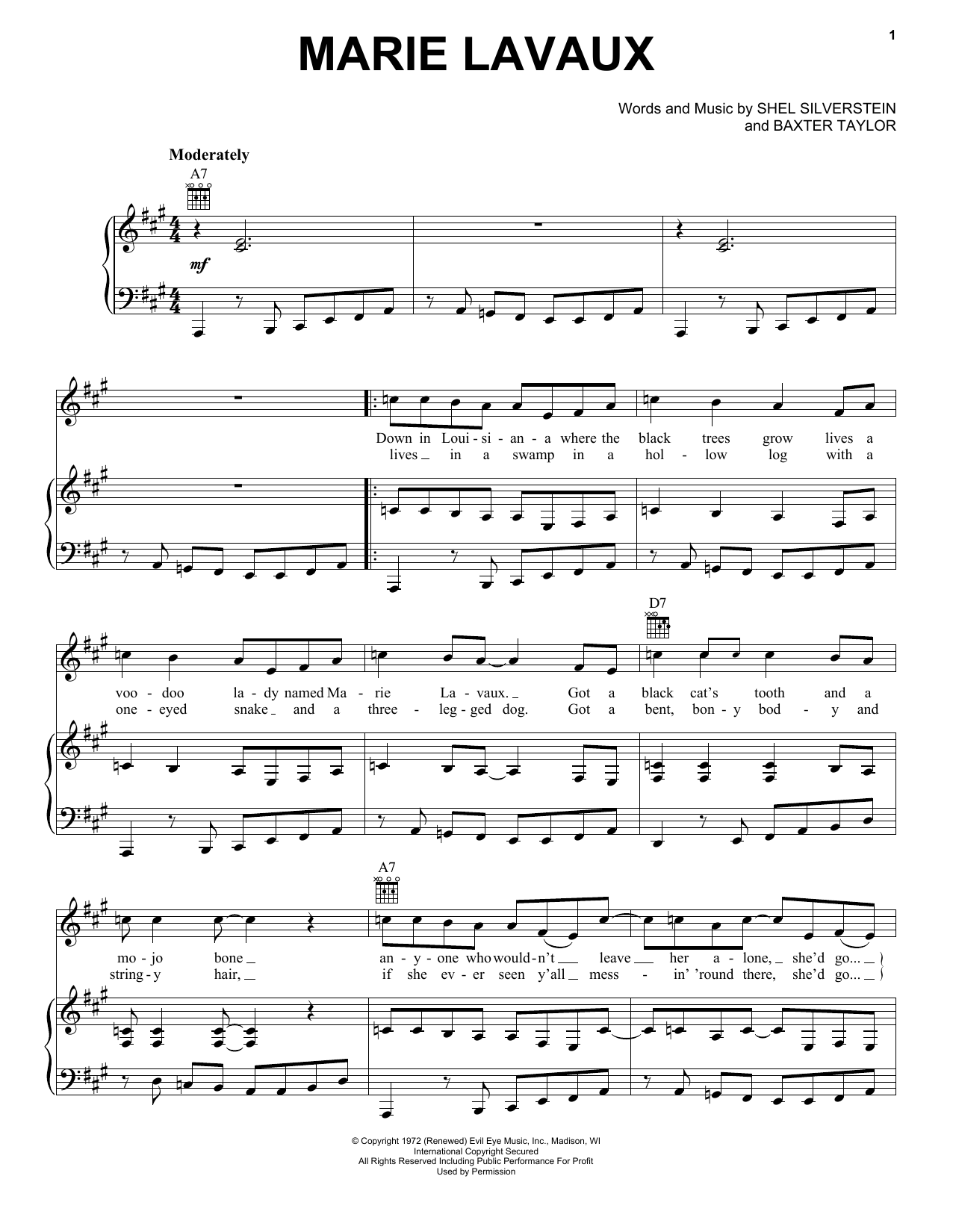 Download Bobby Bare Marie Lavaux Sheet Music and learn how to play Piano, Vocal & Guitar (Right-Hand Melody) PDF digital score in minutes