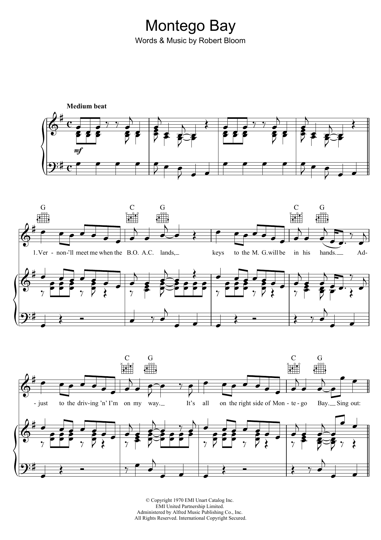Download Bobby Bloom Montego Bay Sheet Music and learn how to play Piano, Vocal & Guitar (Right-Hand Melody) PDF digital score in minutes