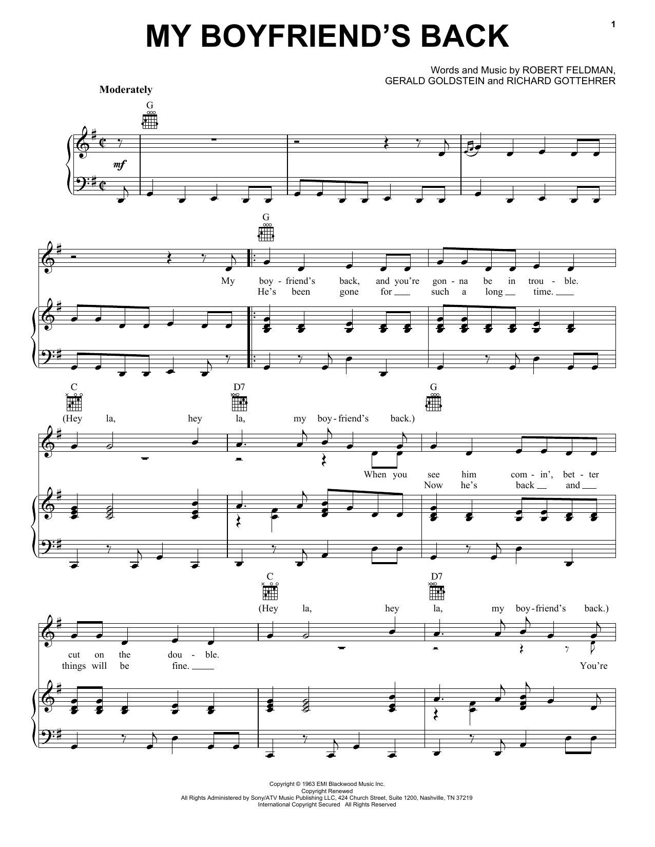 Download Bobby Comstock My Boyfriend's Back Sheet Music and learn how to play Piano, Vocal & Guitar (Right-Hand Melody) PDF digital score in minutes