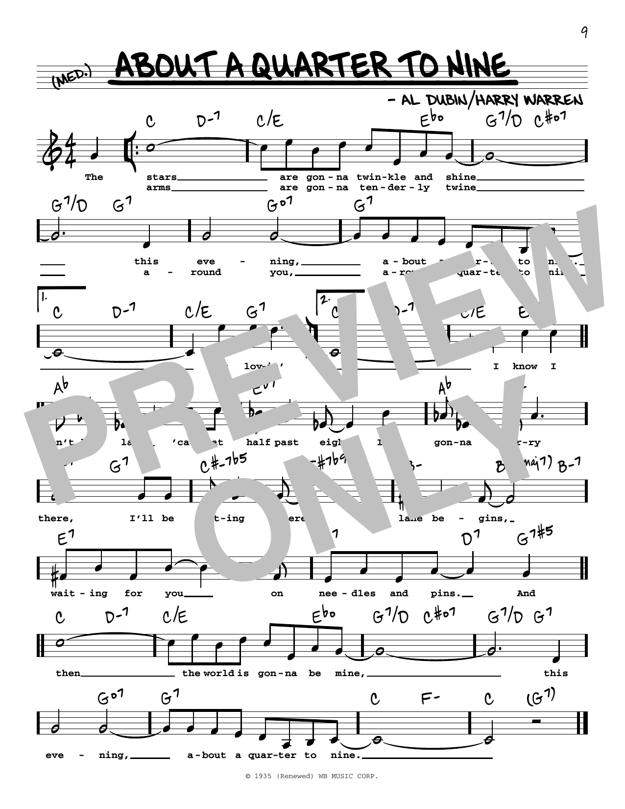 Download Bobby Darin About A Quarter To Nine (High Voice) Sheet Music and learn how to play Real Book – Melody, Lyrics & Chords PDF digital score in minutes