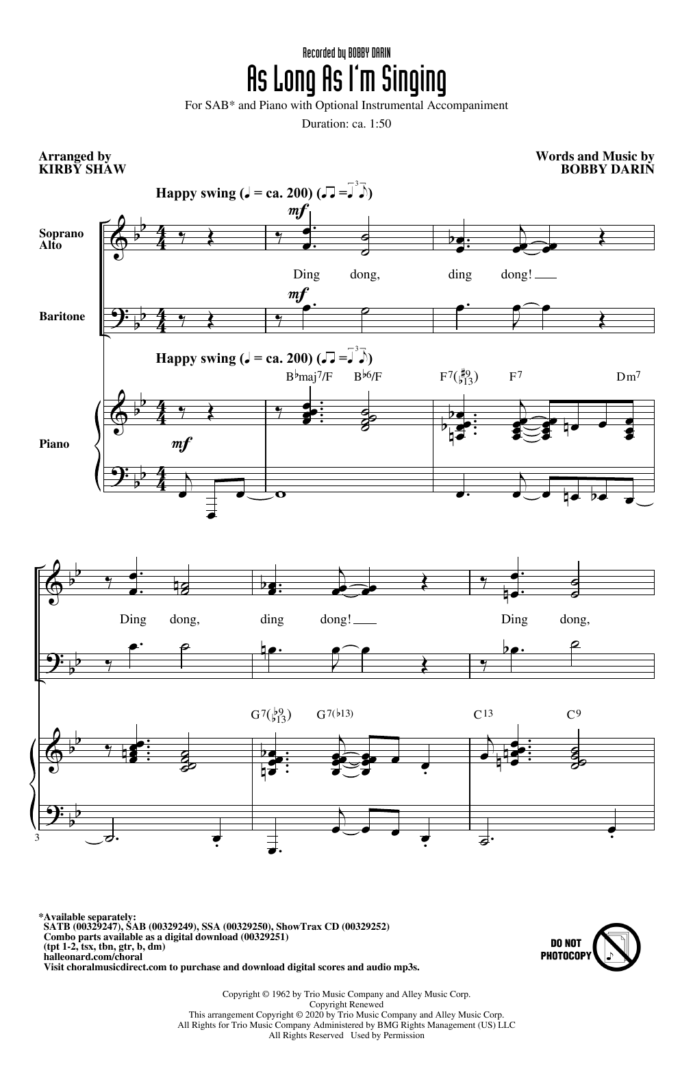 Download Bobby Darin As Long As I'm Singing (arr. Kirby Shaw) Sheet Music and learn how to play SSA Choir PDF digital score in minutes