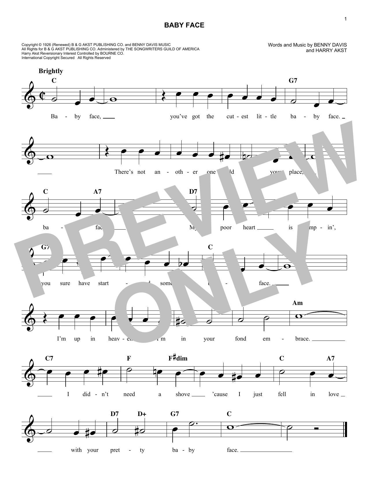 Download Bobby Darin Baby Face Sheet Music and learn how to play Melody Line, Lyrics & Chords PDF digital score in minutes