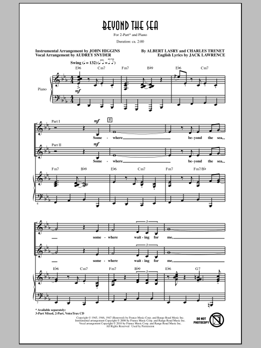 Download Bobby Darin Beyond The Sea (arr. Audrey Snyder) Sheet Music and learn how to play 2-Part Choir PDF digital score in minutes