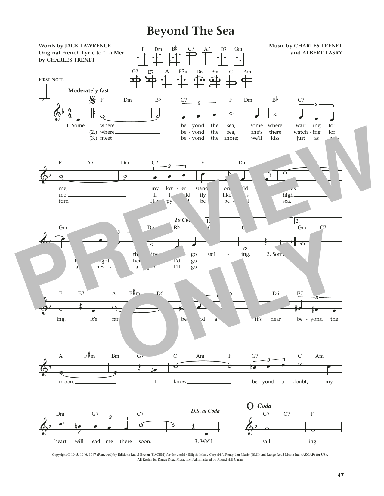 Download Bobby Darin Beyond The Sea (from The Daily Ukulele) (arr. Jim Beloff) Sheet Music and learn how to play Ukulele PDF digital score in minutes