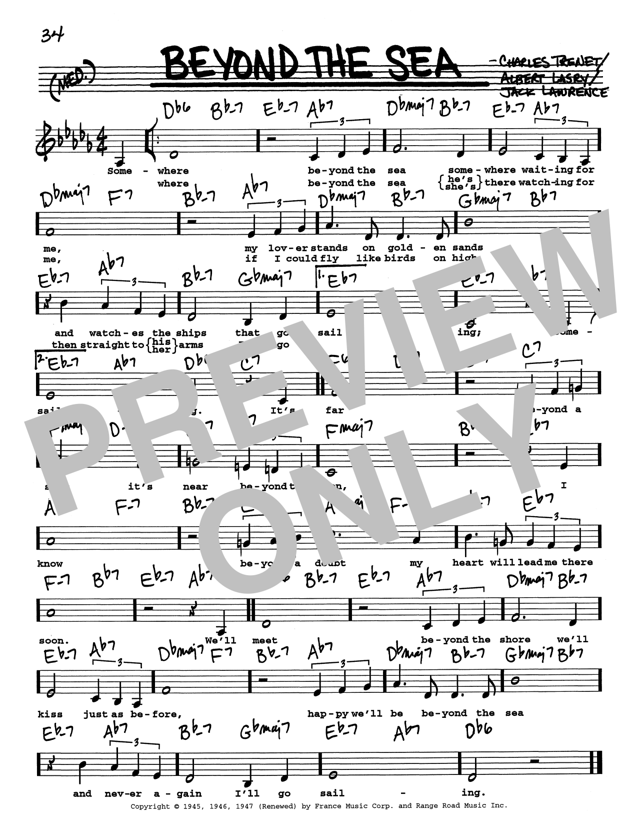 Download Bobby Darin Beyond The Sea (Low Voice) Sheet Music and learn how to play Real Book – Melody, Lyrics & Chords PDF digital score in minutes