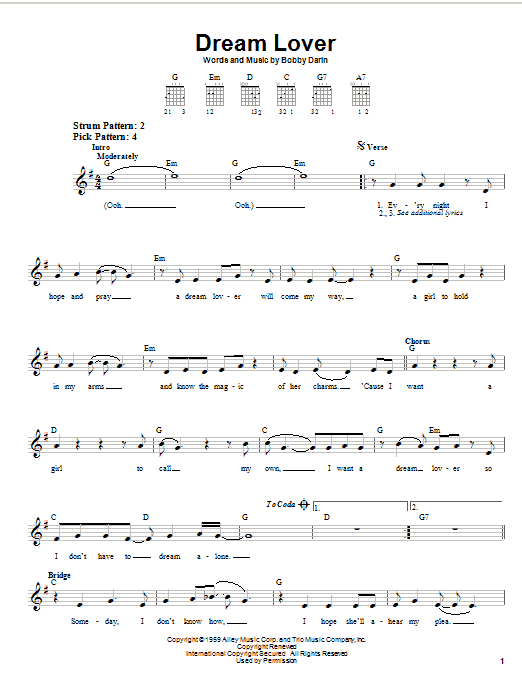 Download Bobby Darin Dream Lover Sheet Music and learn how to play Easy Guitar PDF digital score in minutes