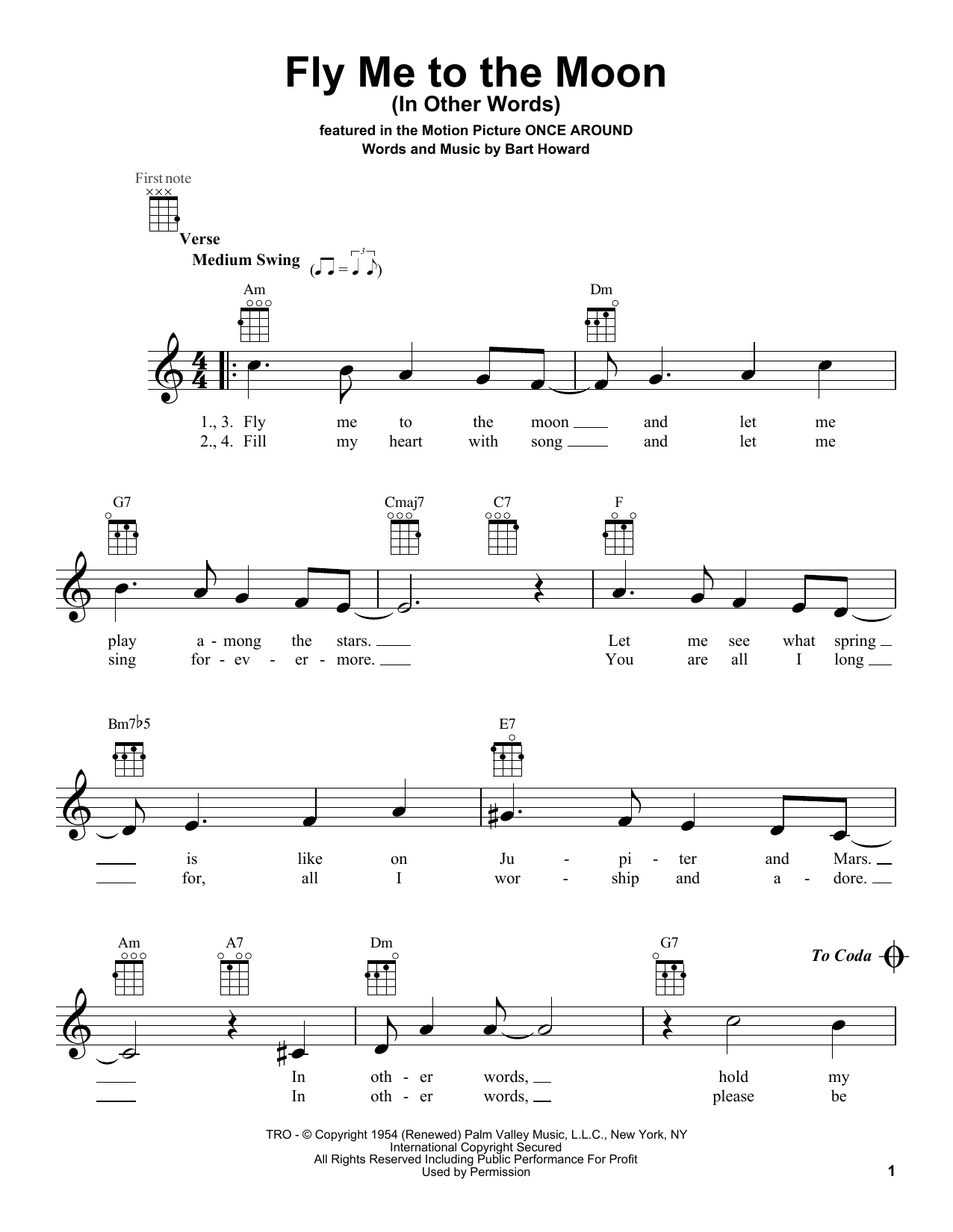 Download Bobby Darin Fly Me To The Moon (In Other Words) Sheet Music and learn how to play Ukulele PDF digital score in minutes