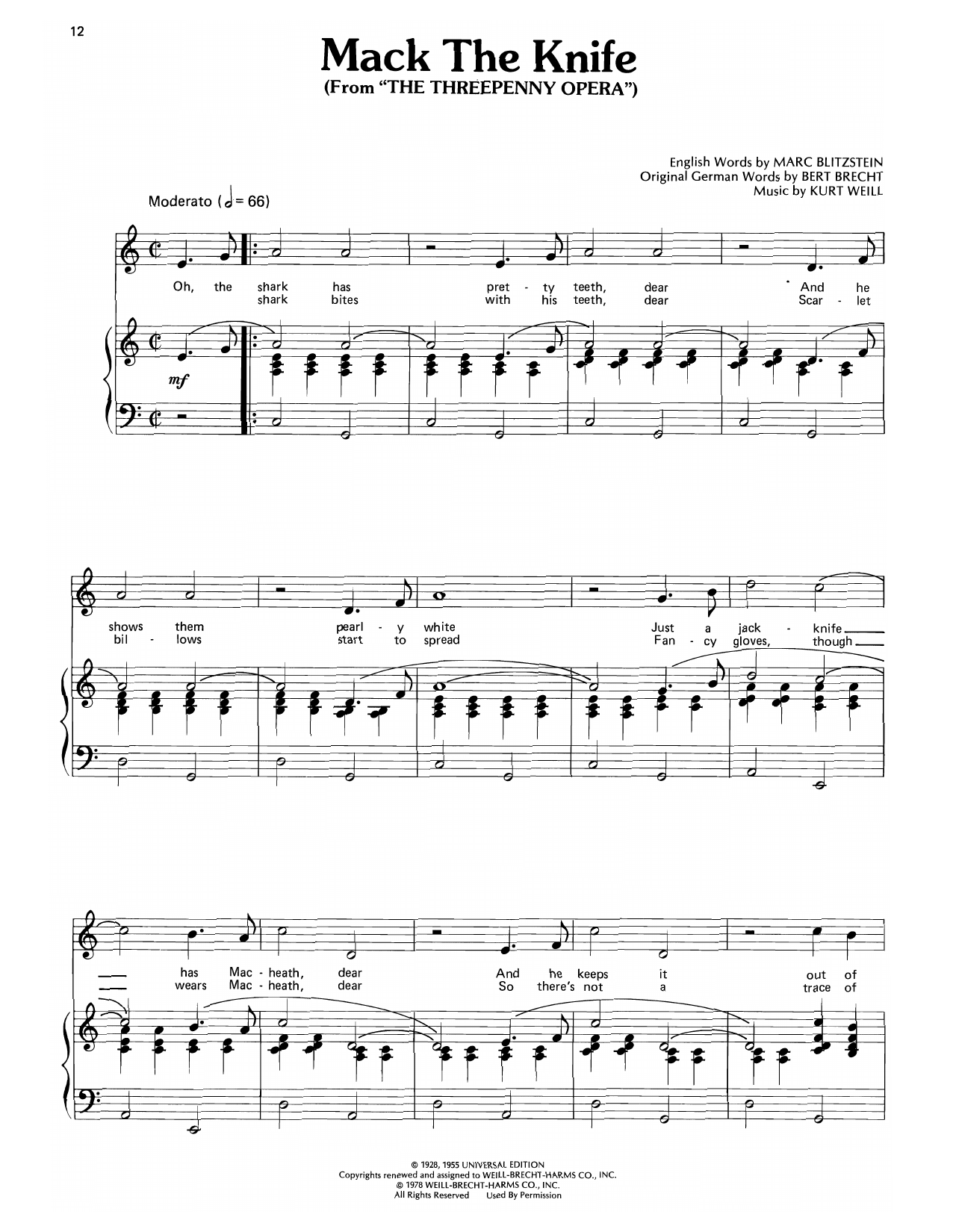 Download Bobby Darin Mack The Knife (from The Threepenny Opera) Sheet Music and learn how to play Piano, Vocal & Guitar Chords (Right-Hand Melody) PDF digital score in minutes