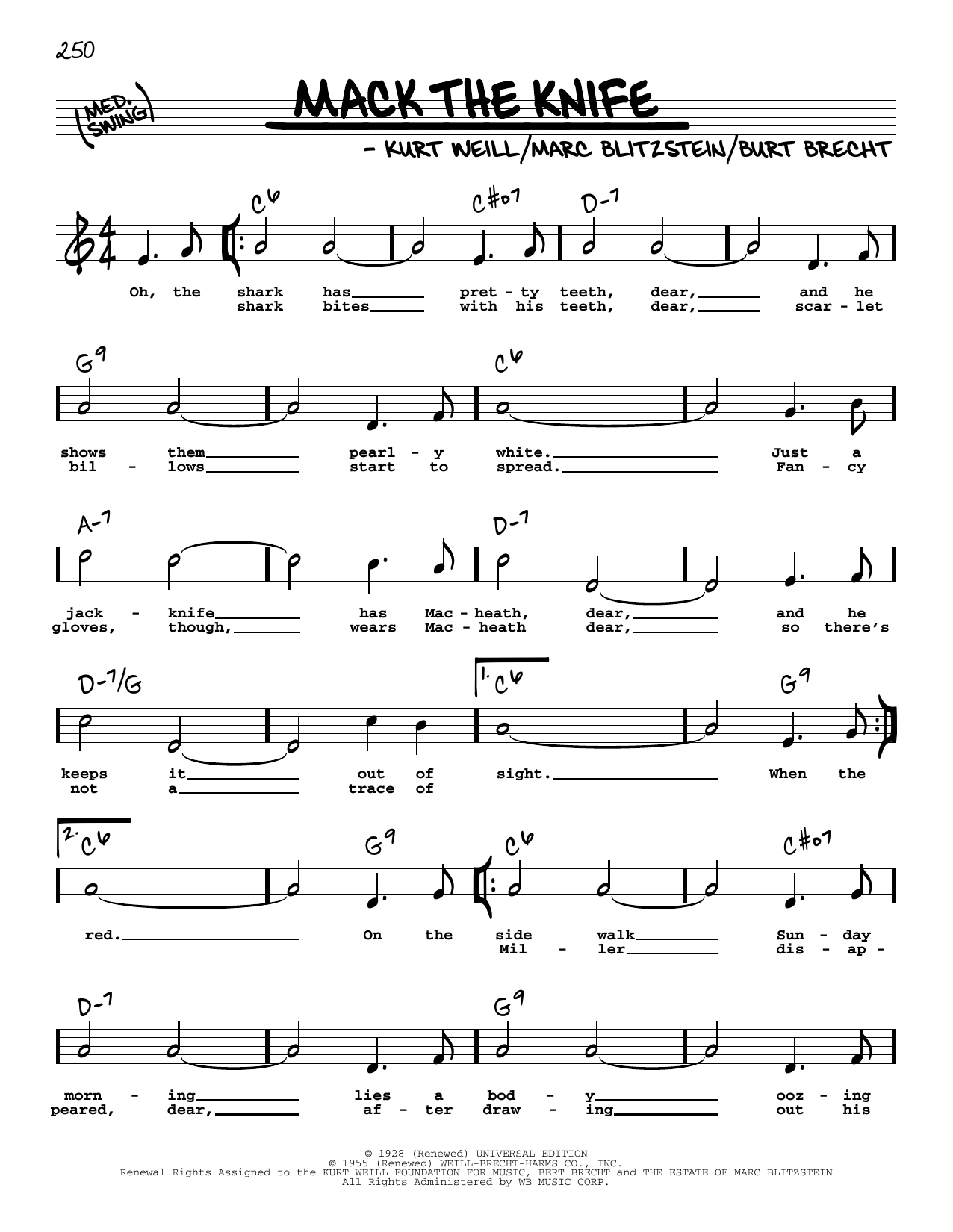 Download Bobby Darin Mack The Knife (High Voice) Sheet Music and learn how to play Real Book – Melody, Lyrics & Chords PDF digital score in minutes