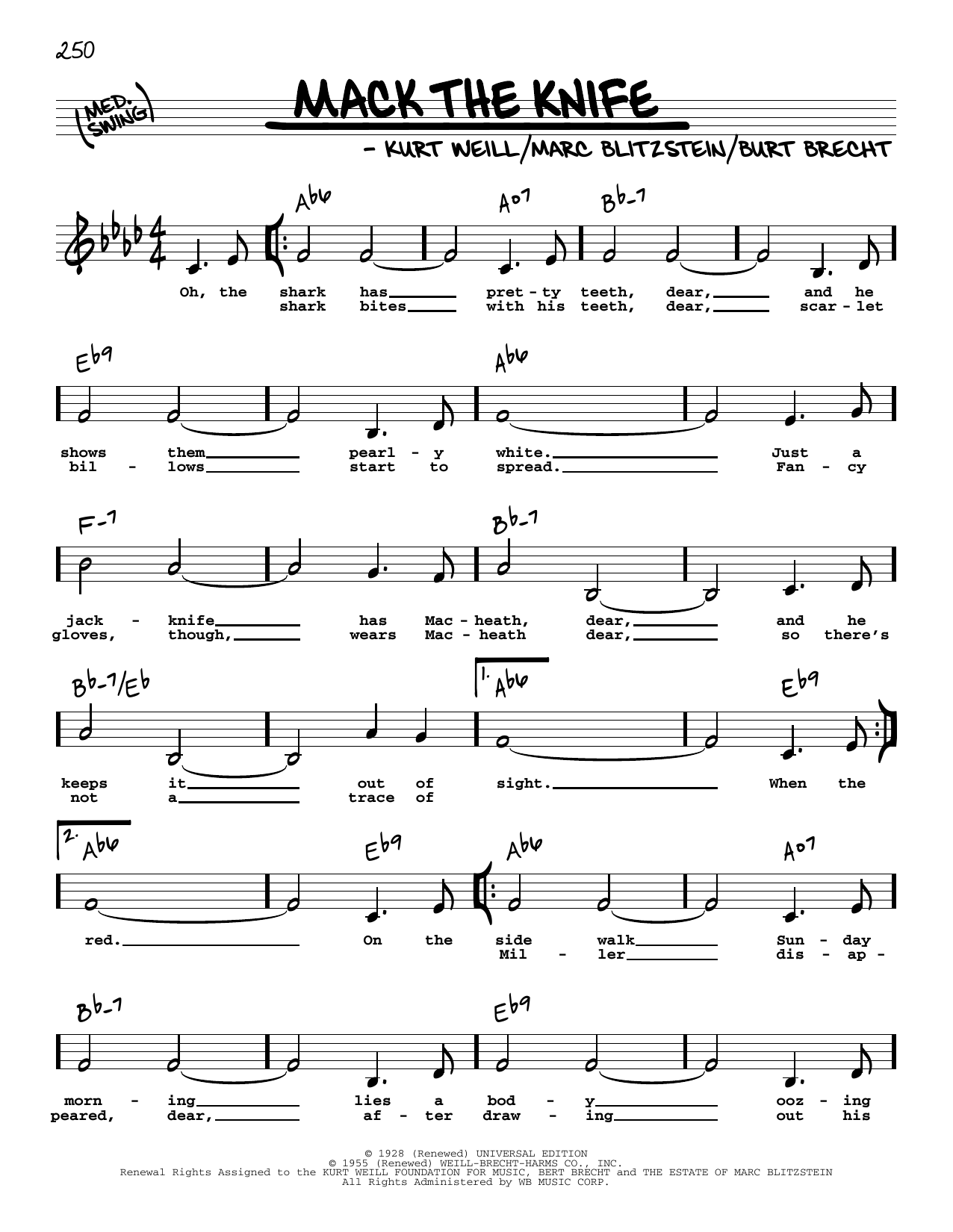 Download Bobby Darin Mack The Knife (Low Voice) Sheet Music and learn how to play Real Book – Melody, Lyrics & Chords PDF digital score in minutes