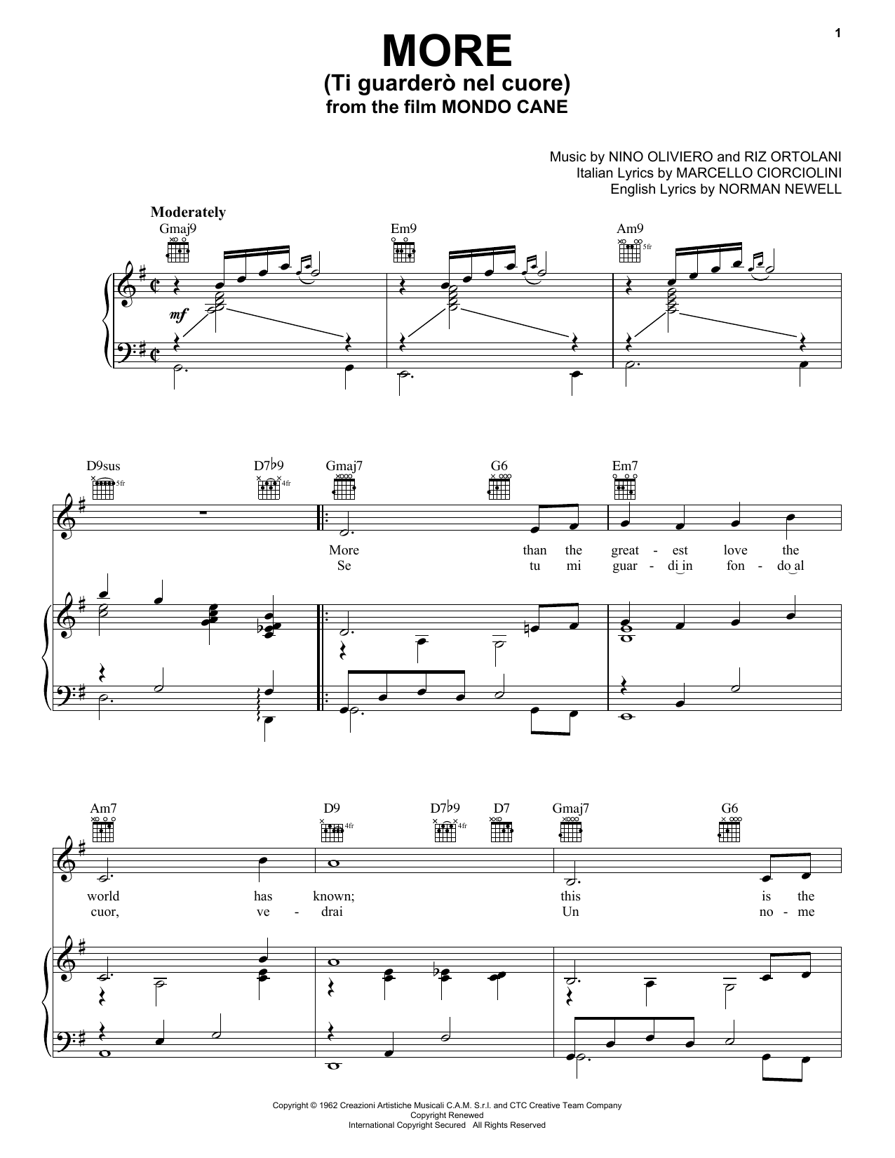 Download Bobby Darin More (Ti Guardero Nel Cuore) Sheet Music and learn how to play Piano, Vocal & Guitar (Right-Hand Melody) PDF digital score in minutes